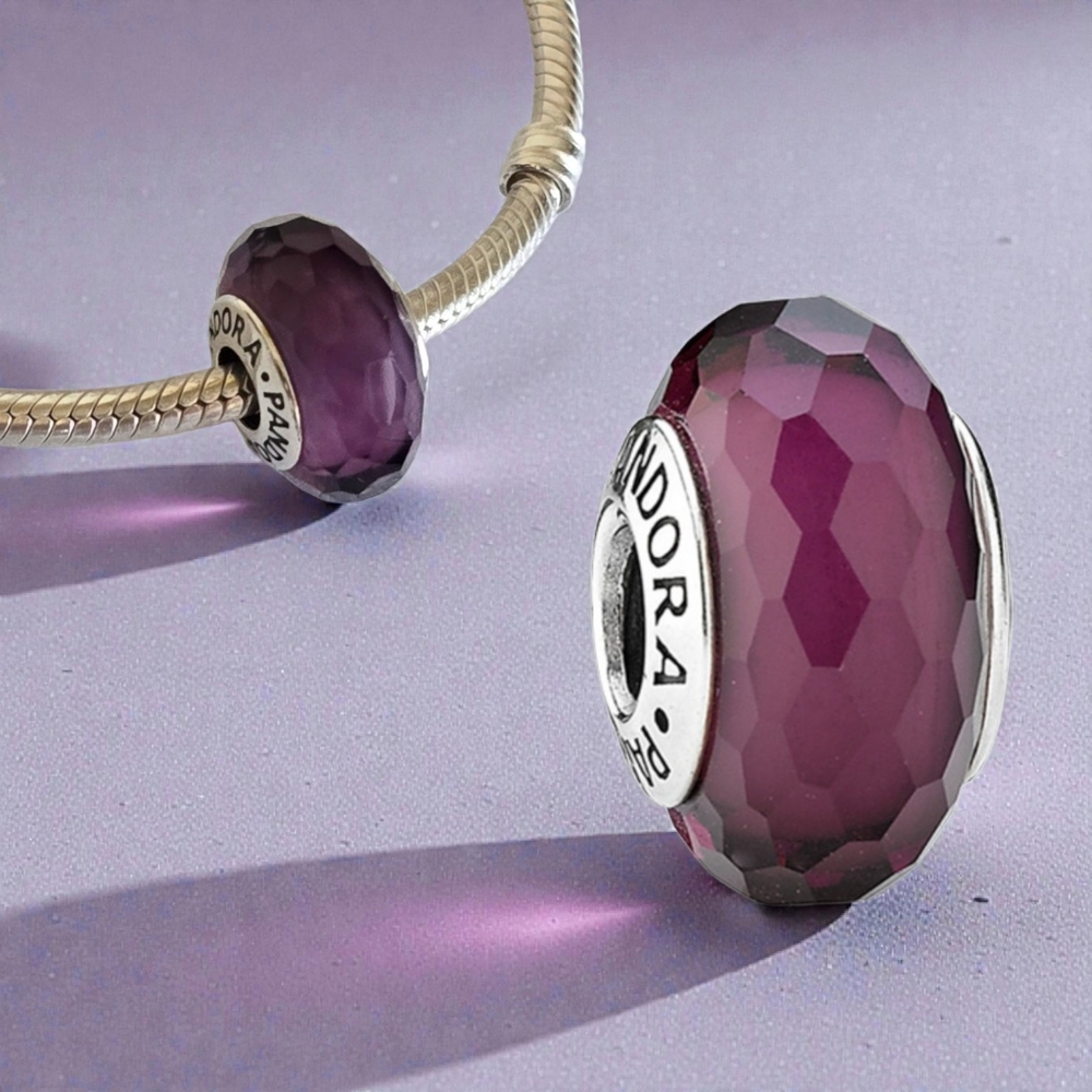 PANDORA Purple Fascinating Faceted Murano Glass Sterling Silver Charm Retired
